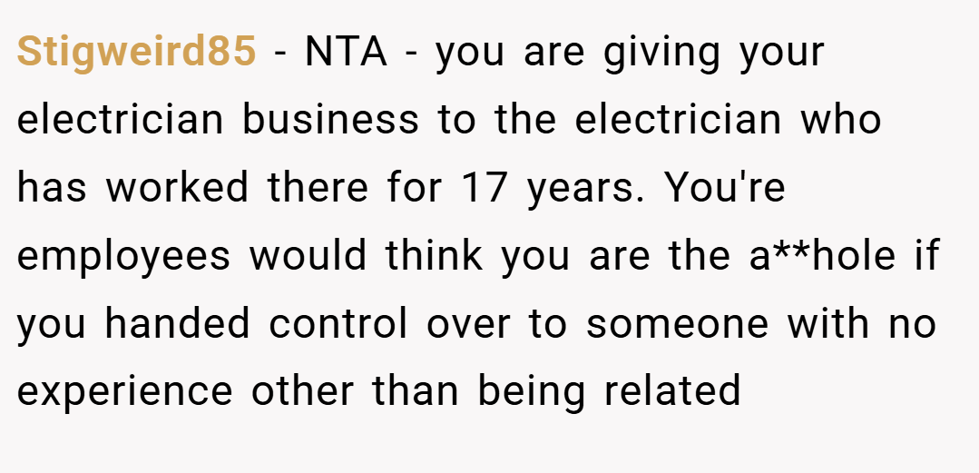 Stigweird85 − NTA - you are giving your electrician business to the electrician who has worked there for 17 years. You're employees would think you are the a**hole if you handed control over to someone with no experience other than being related