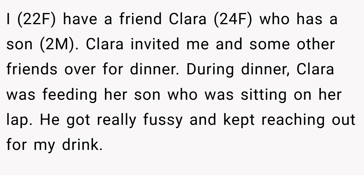 I (22F) have a friend Clara (24F) who has a son (2M). Clara invited me and some other friends over for dinner. During dinner, Clara was feeding her son who was sitting on her lap. He got really fussy and kept reaching out for my drink.