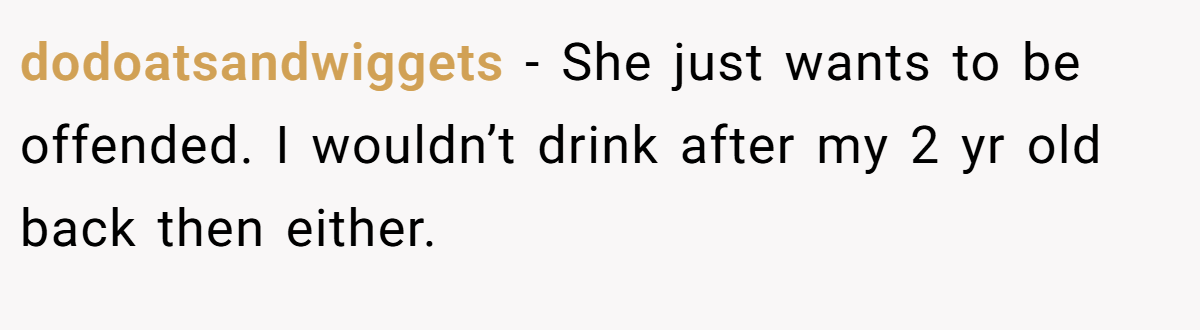 dodoatsandwiggets - She just wants to be offended. I wouldn’t drink after my 2 yr old back then either.
