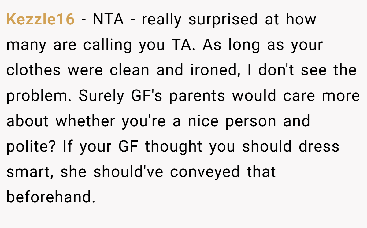 Kezzle16 − NTA - really surprised at how many are calling you TA. As long as your clothes were clean and ironed, I don't see the problem. Surely GF's parents would care more about whether you're a nice person and polite? If your GF thought you should dress smart, she should've conveyed that beforehand.