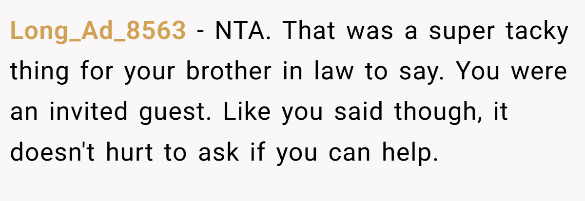 Long_Ad_8563 − NTA. That was a super tacky thing for your brother in law to say. You were an invited guest. Like you said though, it doesn't hurt to ask if you can help.
