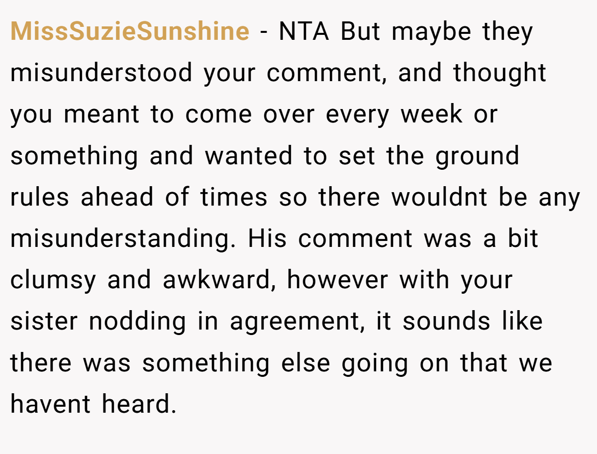 MissSuzieSunshine − NTA But maybe they misunderstood your comment, and thought you meant to come over every week or something and wanted to set the ground rules ahead of times so there wouldnt be any misunderstanding. His comment was a bit clumsy and awkward, however with your sister nodding in agreement, it sounds like there was something else going on that we havent heard.
