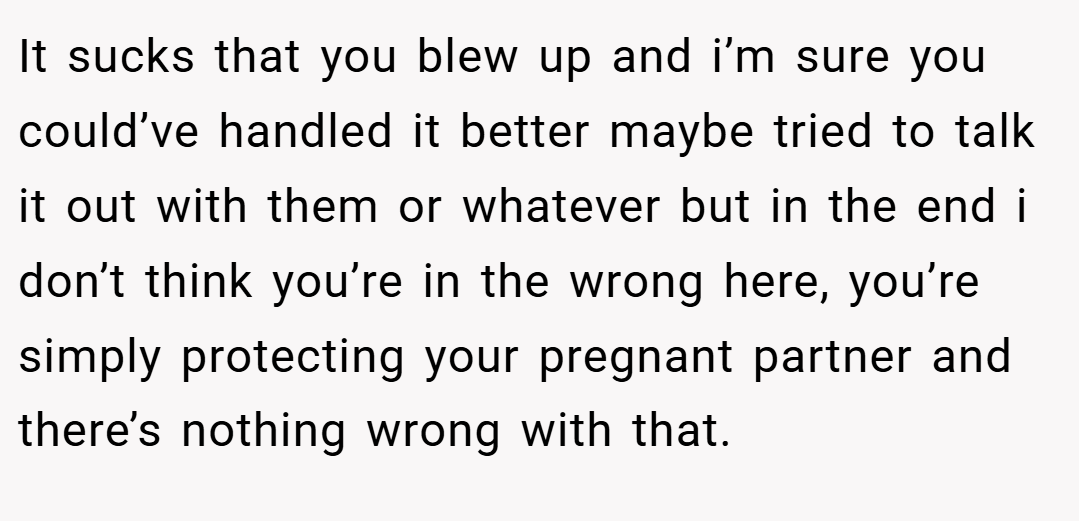 It sucks that you blew up and i’m sure you could’ve handled it better maybe tried to talk it out with them or whatever but in the end i don’t think you’re in the wrong here, you’re simply protecting your pregnant partner and there’s nothing wrong with that.