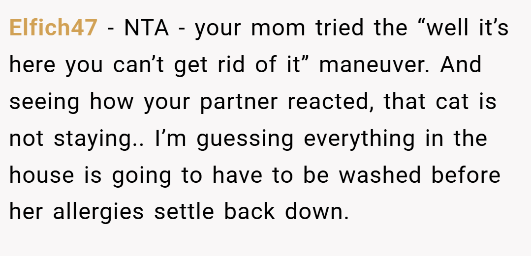 Elfich47 − NTA - your mom tried the “well it’s here you can’t get rid of it” maneuver. And seeing how your partner reacted, that cat is not staying.. I’m guessing everything in the house is going to have to be washed before her allergies settle back down.