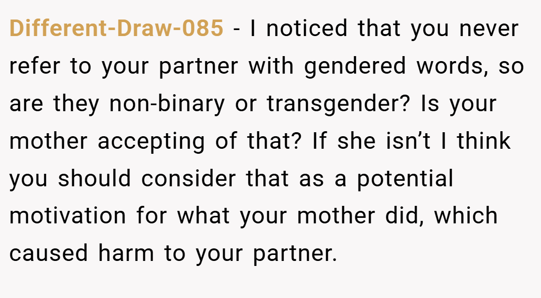 Different-Draw-085 − I noticed that you never refer to your partner with gendered words, so are they non-binary or transgender? Is your mother accepting of that? If she isn’t I think you should consider that as a potential motivation for what your mother did, which caused harm to your partner.