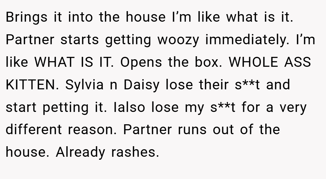 Brings it into the house I’m like what is it. Partner starts getting woozy immediately. I’m like WHAT IS IT. Opens the box. WHOLE ASS KITTEN. Sylvia n Daisy lose their s**t and start petting it. Ialso lose my s**t for a very different reason. Partner runs out of the house. Already rashes.