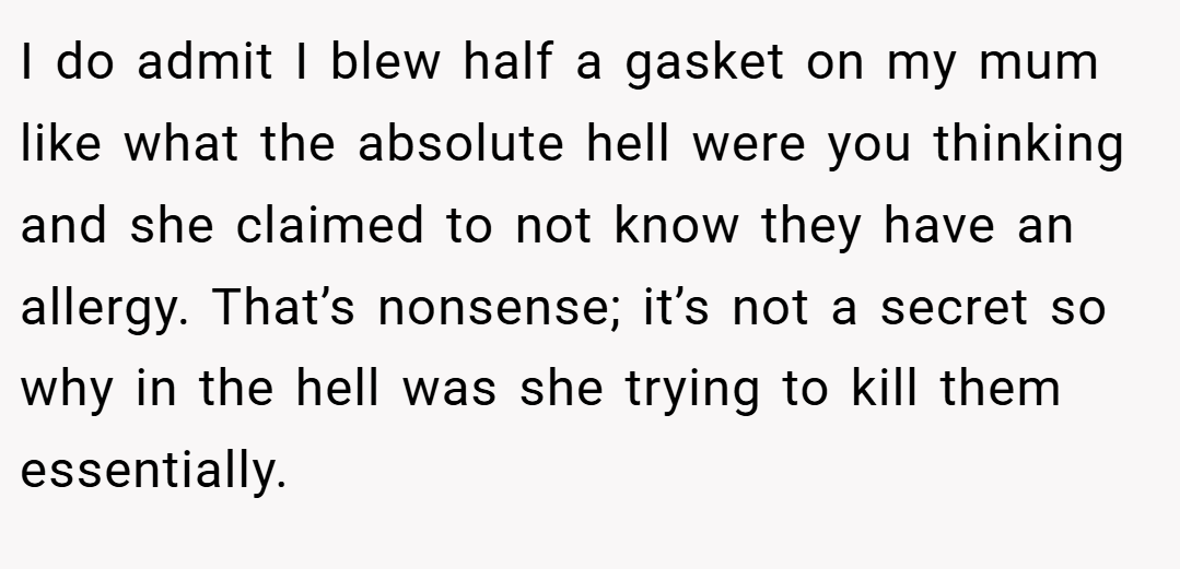 I do admit I blew half a gasket on my mum like what the absolute hell were you thinking and she claimed to not know they have an allergy. That’s nonsense; it’s not a secret so why in the hell was she trying to kill them essentially.