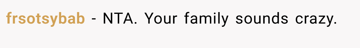 frsotsybab - NTA. Your family sounds crazy.