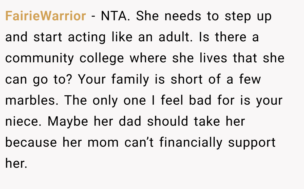 FairieWarrior - NTA. She needs to step up and start acting like an adult. Is there a community college where she lives that she can go to? Your family is short of a few marbles. The only one I feel bad for is your niece. Maybe her dad should take her because her mom can’t financially support her.