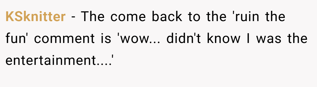KSknitter − The come back to the 'ruin the fun' comment is 'wow... didn't know I was the entertainment....'