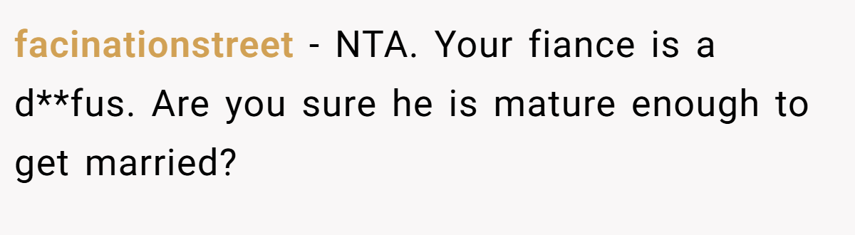 facinationstreet − NTA. Your fiance is a d**fus. Are you sure he is mature enough to get married?