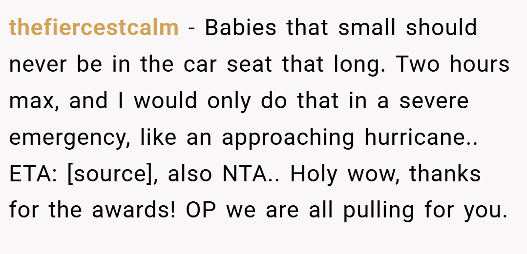 thefiercestcalm − Babies that small should never be in the car seat that long. Two hours max, and I would only do that in a severe emergency, like an approaching hurricane.. ETA: [source], also NTA.. Holy wow, thanks for the awards! OP we are all pulling for you.