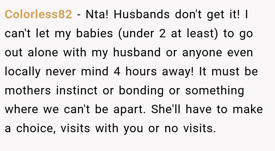 Colorless82 − Nta! Husbands don't get it! I can't let my babies (under 2 at least) to go out alone with my husband or anyone even locally never mind 4 hours away! It must be mothers instinct or bonding or something where we can't be apart. She'll have to make a choice, visits with you or no visits.