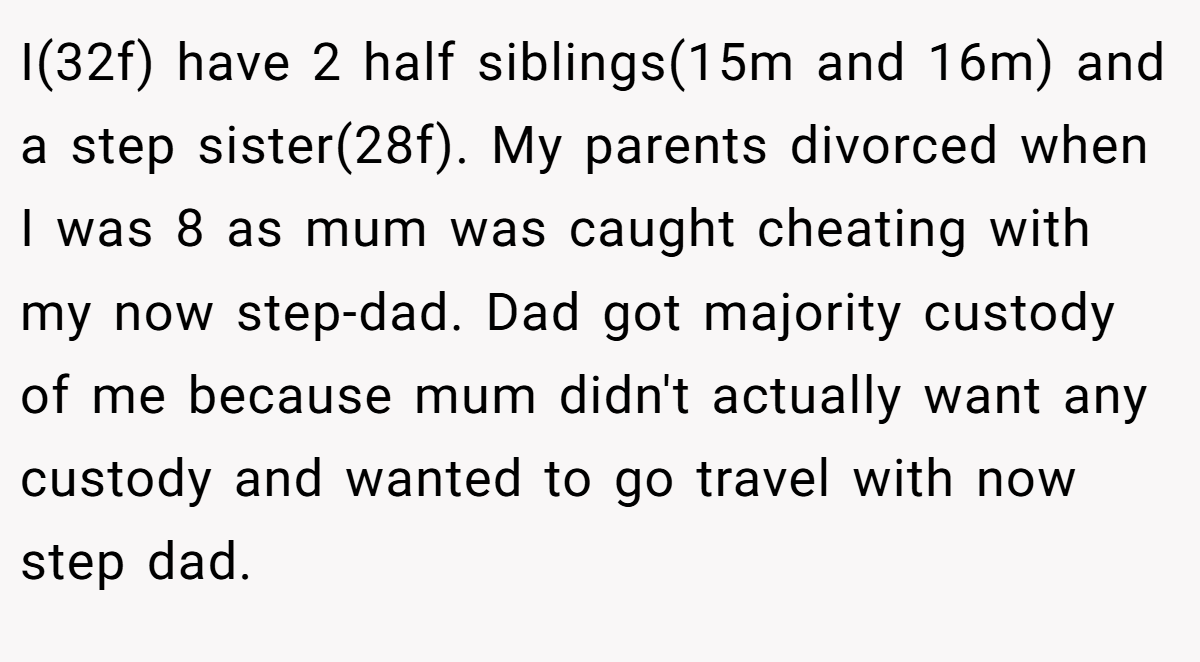 I(32f) have 2 half siblings(15m and 16m) and a step sister(28f). My parents divorced when I was 8 as mum was caught cheating with my now step-dad. Dad got majority custody of me because mum didn't actually want any custody and wanted to go travel with now step dad.