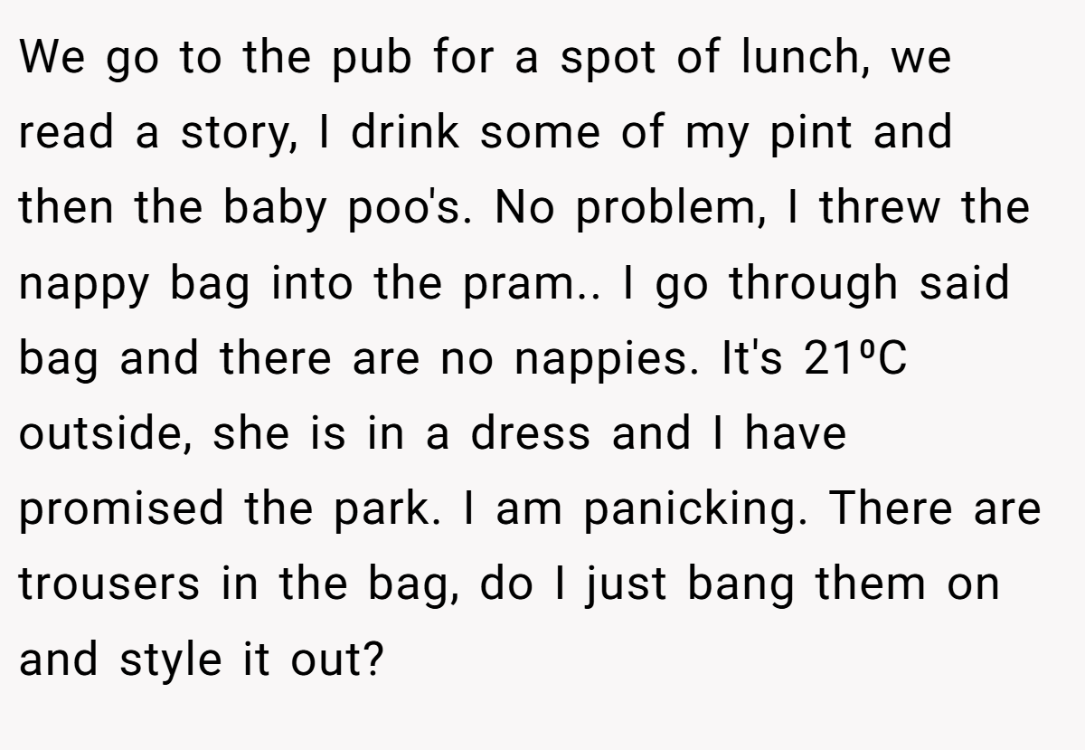We go to the pub for a spot of lunch, we read a story, I drink some of my pint and then the baby poo's. No problem, I threw the nappy bag into the pram.. I go through said bag and there are no nappies. It's 21⁰C outside, she is in a dress and I have promised the park. I am panicking. There are trousers in the bag, do I just bang them on and style it out?