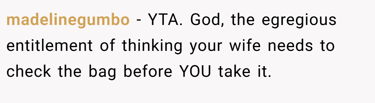 madelinegumbo − YTA. God, the egregious entitlement of thinking your wife needs to check the bag before YOU take it.