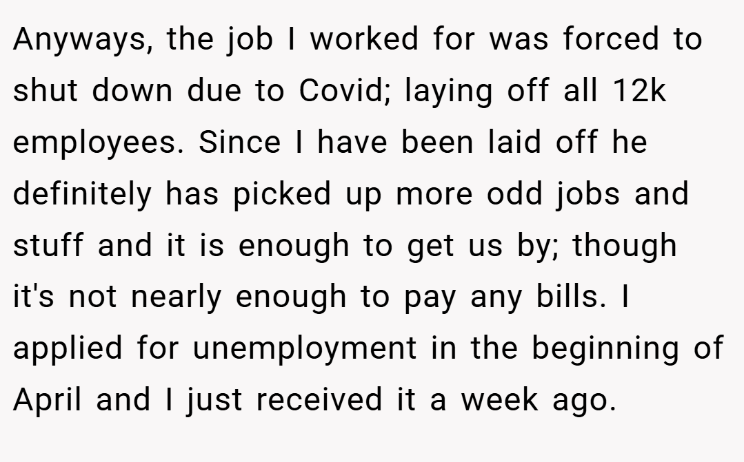 Anyways, the job I worked for was forced to shut down due to Covid; laying off all 12k employees. Since I have been laid off he definitely has picked up more odd jobs and stuff and it is enough to get us by; though it's not nearly enough to pay any bills. I applied for unemployment in the beginning of April and I just received it a week ago.
