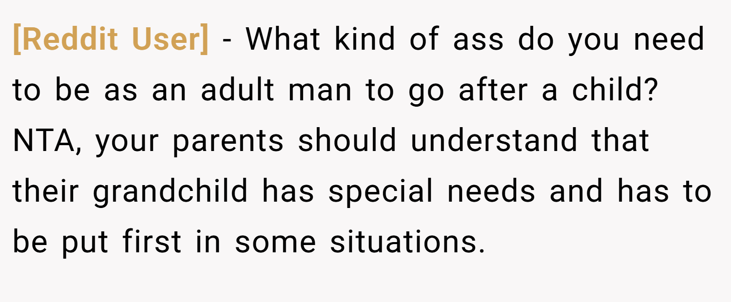 [Reddit User] − What kind of ass do you need to be as an adult man to go after a child? NTA, your parents should understand that their grandchild has special needs and has to be put first in some situations.