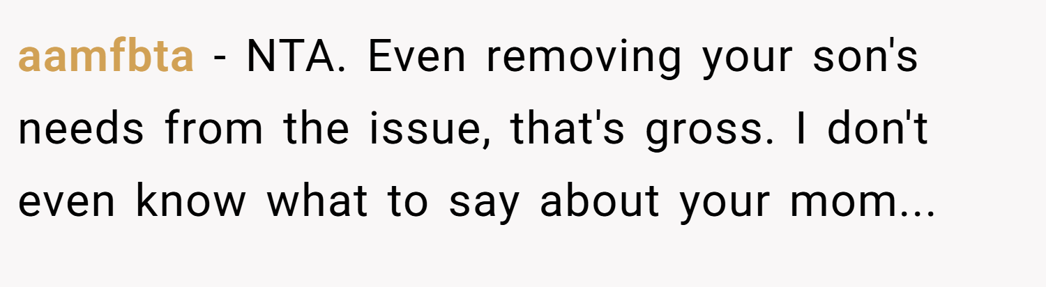 aamfbta − NTA. Even removing your son's needs from the issue, that's gross. I don't even know what to say about your mom...