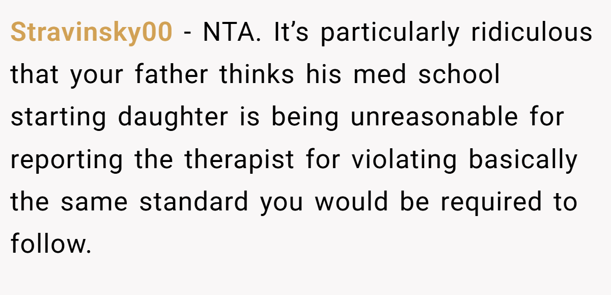 Stravinsky00 - NTA. It’s particularly ridiculous that your father thinks his med school starting daughter is being unreasonable for reporting the therapist for violating basically the same standard you would be required to follow.