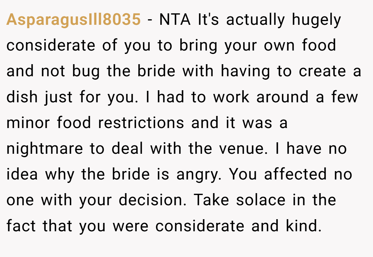 AsparagusIll8035 − NTA It's actually hugely considerate of you to bring your own food and not bug the bride with having to create a dish just for you. I had to work around a few minor food restrictions and it was a nightmare to deal with the venue. I have no idea why the bride is angry. You affected no one with your decision. Take solace in the fact that you were considerate and kind.