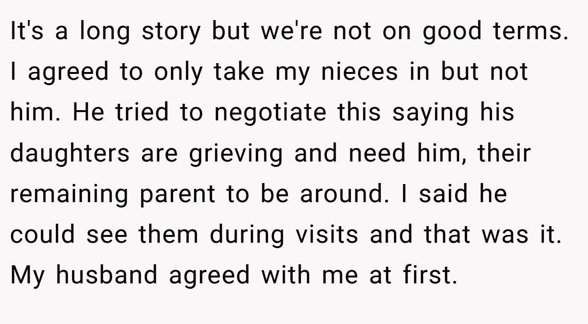 It's a long story but we're not on good terms. I agreed to only take my nieces in but not him. He tried to negotiate this saying his daughters are grieving and need him, their remaining parent to be around. I said he could see them during visits and that was it. My husband agreed with me at first.