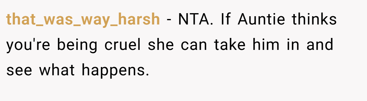 that_was_way_harsh - NTA. If Auntie thinks you're being cruel she can take him in and see what happens.