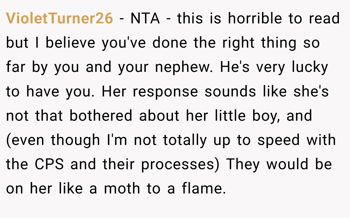 VioletTurner26 − NTA - this is horrible to read but I believe you've done the right thing so far by you and your nephew. He's very lucky to have you. Her response sounds like she's not that bothered about her little boy, and (even though I'm not totally up to speed with the CPS and their processes) They would be on her like a moth to a flame.