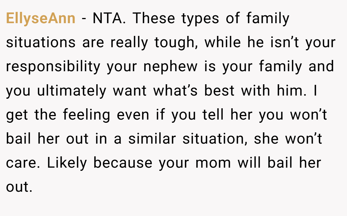 EllyseAnn − NTA. These types of family situations are really tough, while he isn’t your responsibility your nephew is your family and you ultimately want what’s best with him. I get the feeling even if you tell her you won’t bail her out in a similar situation, she won’t care. Likely because your mom will bail her out.