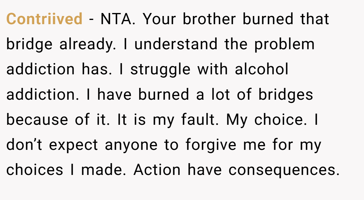 Contriived − NTA. Your brother burned that bridge already. I understand the problem addiction has. I struggle with alcohol addiction. I have burned a lot of bridges because of it. It is my fault. My choice. I don’t expect anyone to forgive me for my choices I made. Action have consequences.