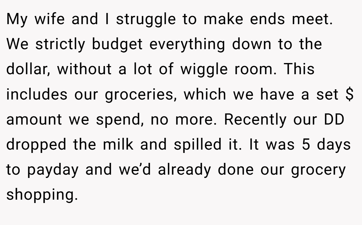 My wife and I struggle to make ends meet. We strictly budget everything down to the dollar, without a lot of wiggle room. This includes our groceries, which we have a set $ amount we spend, no more. Recently our DD dropped the milk and spilled it. It was 5 days to payday and we’d already done our grocery shopping.