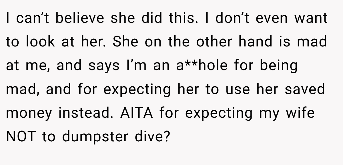 I can’t believe she did this. I don’t even want to look at her. She on the other hand is mad at me, and says I’m an a**hole for being mad, and for expecting her to use her saved money instead. AITA for expecting my wife NOT to dumpster dive?