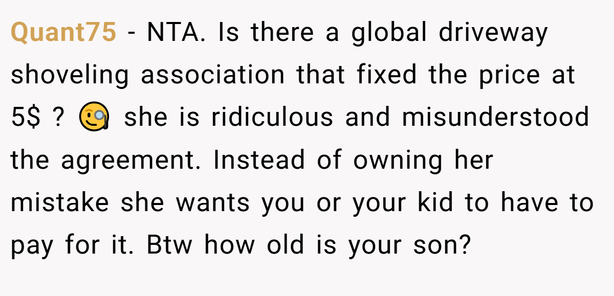 Quant75 − NTA. Is there a global driveway shoveling association that fixed the price at 5$ ? 🧐 she is ridiculous and misunderstood the agreement. Instead of owning her mistake she wants you or your kid to have to pay for it. Btw how old is your son?