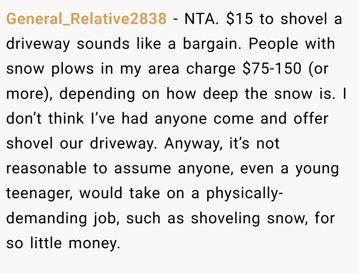 General_Relative2838 − NTA. $15 to shovel a driveway sounds like a bargain. People with snow plows in my area charge $75-150 (or more), depending on how deep the snow is. I don’t think I’ve had anyone come and offer shovel our driveway. Anyway, it’s not reasonable to assume anyone, even a young teenager, would take on a physically-demanding job, such as shoveling snow, for so little money.