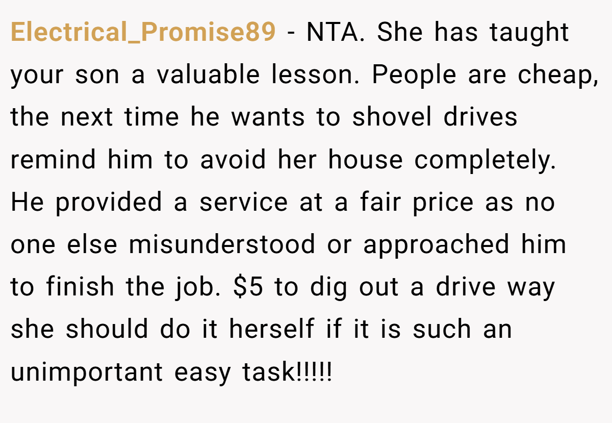 Electrical_Promise89 − NTA. She has taught your son a valuable lesson. People are cheap, the next time he wants to shovel drives remind him to avoid her house completely. He provided a service at a fair price as no one else misunderstood or approached him to finish the job. $5 to dig out a drive way she should do it herself if it is such an unimportant easy task!!!!!