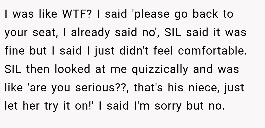 I was like WTF? I said 'please go back to your seat, I already said no', SIL said it was fine but I said I just didn't feel comfortable. SIL then looked at me quizzically and was like 'are you serious??, that's his niece, just let her try it on!' I said I'm sorry but no.
