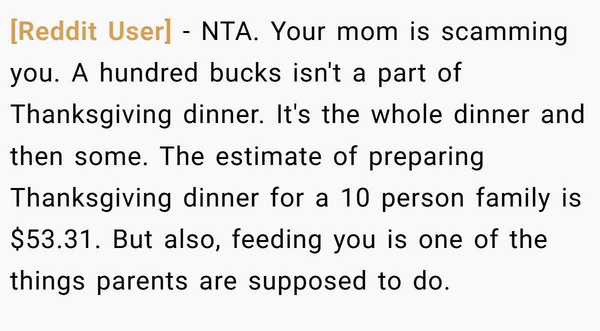 [Reddit User] − NTA. Your mom is scamming you. A hundred bucks isn't a part of Thanksgiving dinner. It's the whole dinner and then some. The estimate of preparing Thanksgiving dinner for a 10 person family is $53.31. But also, feeding you is one of the things parents are supposed to do.