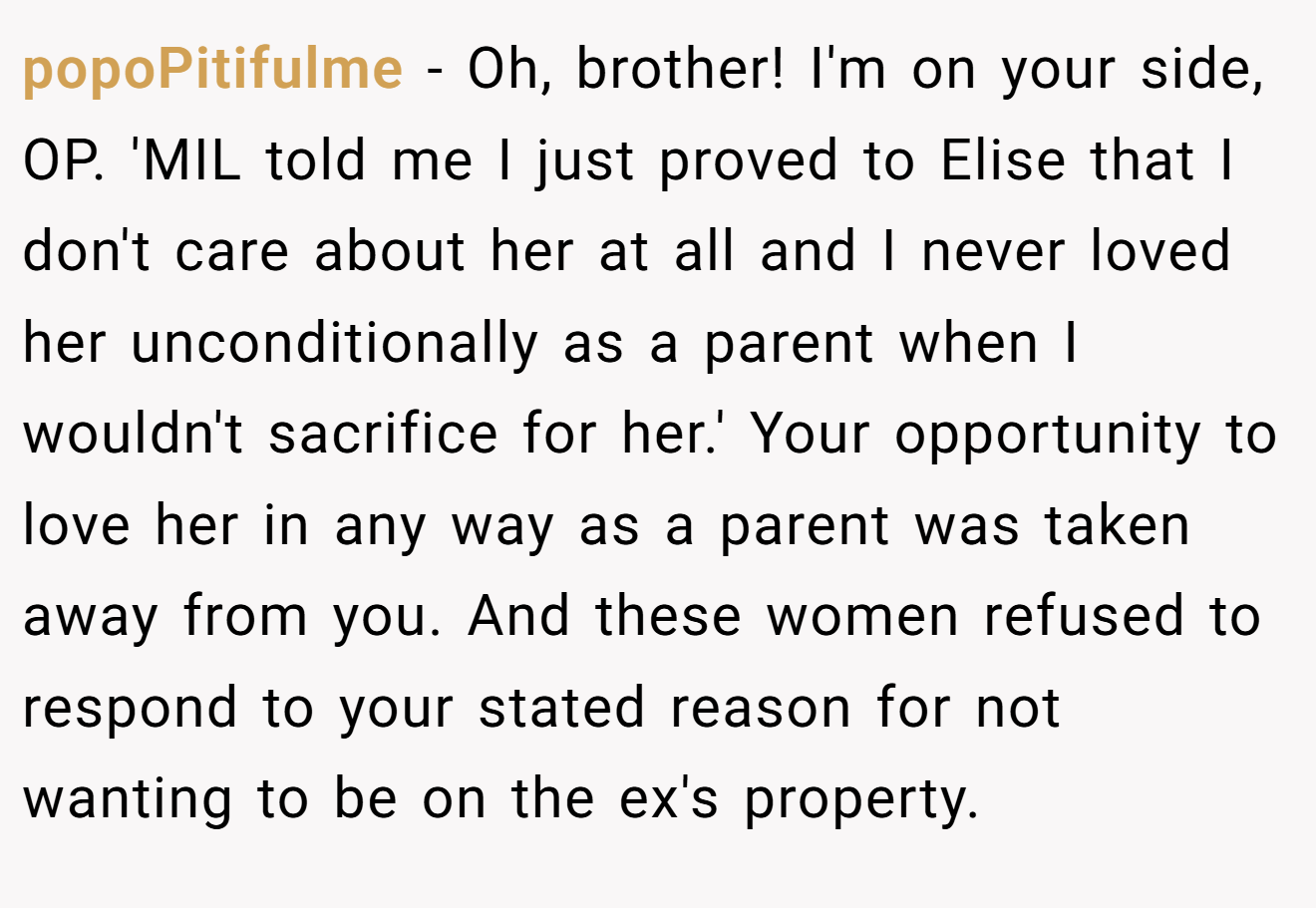 popoPitifulme - Oh, brother! I'm on your side, OP. 'MIL told me I just proved to Elise that I don't care about her at all and I never loved her unconditionally as a parent when I wouldn't sacrifice for her.' Your opportunity to love her in any way as a parent was taken away from you. And these women refused to respond to your stated reason for not wanting to be on the ex's property.