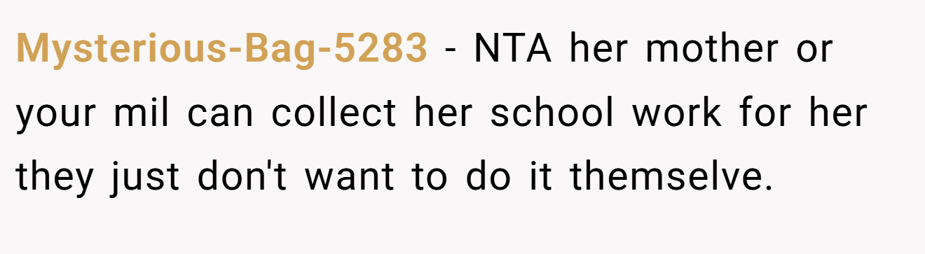 Mysterious-Bag-5283 - NTA her mother or your mil can collect her school work for her they just don't want to do it themselve.