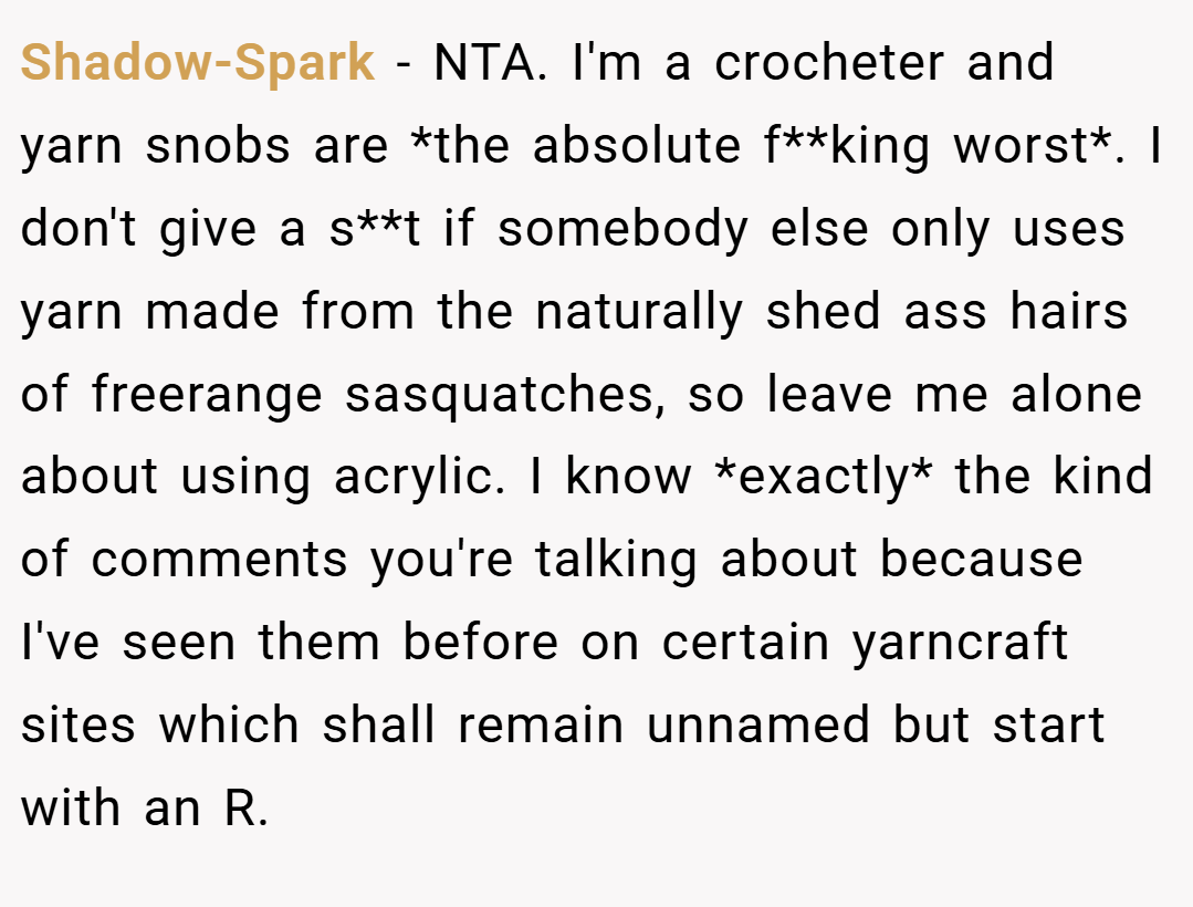 Shadow-Spark − NTA. I'm a crocheter and yarn snobs are *the absolute f**king worst*. I don't give a s**t if somebody else only uses yarn made from the naturally shed ass hairs of freerange sasquatches, so leave me alone about using acrylic. I know *exactly* the kind of comments you're talking about because I've seen them before on certain yarncraft sites which shall remain unnamed but start with an R.