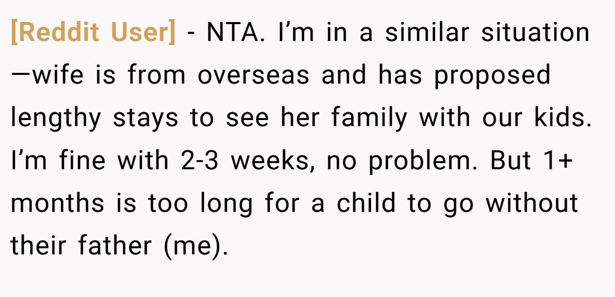 [Reddit User] − NTA. I’m in a similar situation—wife is from overseas and has proposed lengthy stays to see her family with our kids. I’m fine with 2-3 weeks, no problem. But 1+ months is too long for a child to go without their father (me).