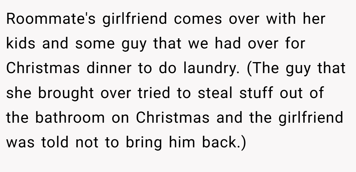 Roommate's girlfriend comes over with her kids and some guy that we had over for Christmas dinner to do laundry. (The guy that she brought over tried to steal stuff out of the bathroom on Christmas and the girlfriend was told not to bring him back.)