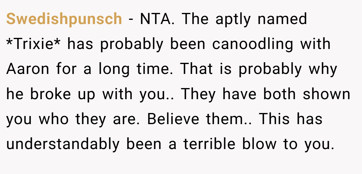 Swedishpunsch - NTA. The aptly named *Trixie* has probably been canoodling with Aaron for a long time. That is probably why he broke up with you.. They have both shown you who they are. Believe them.. This has understandably been a terrible blow to you.