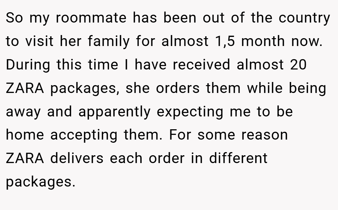 So my roommate has been out of the country to visit her family for almost 1,5 month now. During this time I have received almost 20 ZARA packages, she orders them while being away and apparently expecting me to be home accepting them. For some reason ZARA delivers each order in different packages.