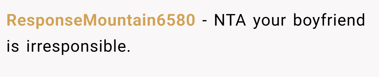 ResponseMountain6580 − NTA your boyfriend is irresponsible.