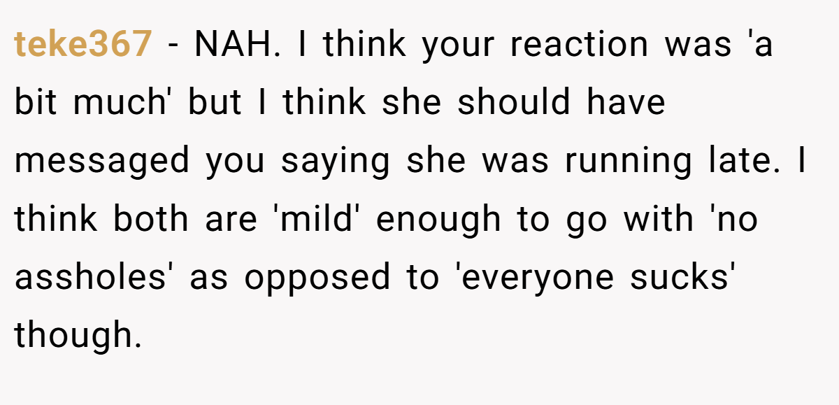 teke367 − NAH. I think your reaction was 'a bit much' but I think she should have messaged you saying she was running late. I think both are 'mild' enough to go with 'no assholes' as opposed to 'everyone sucks' though.
