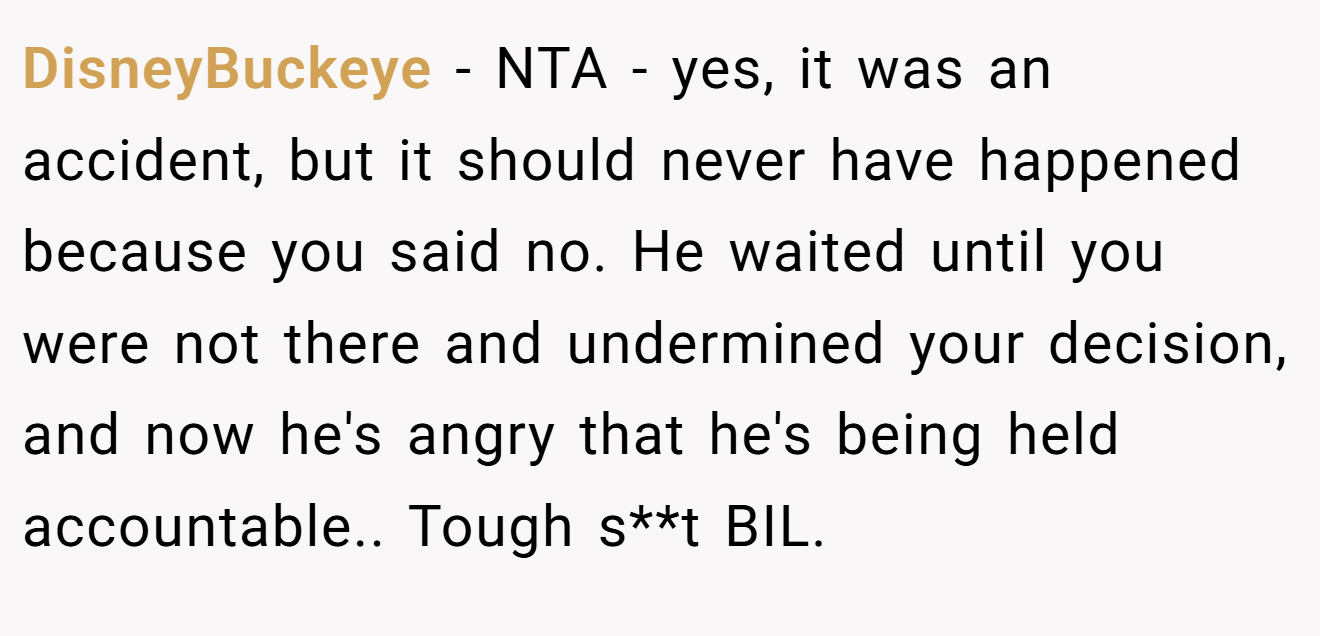 DisneyBuckeye - NTA - yes, it was an accident, but it should never have happened because you said no. He waited until you were not there and undermined your decision, and now he's angry that he's being held accountable.. Tough s**t BIL.