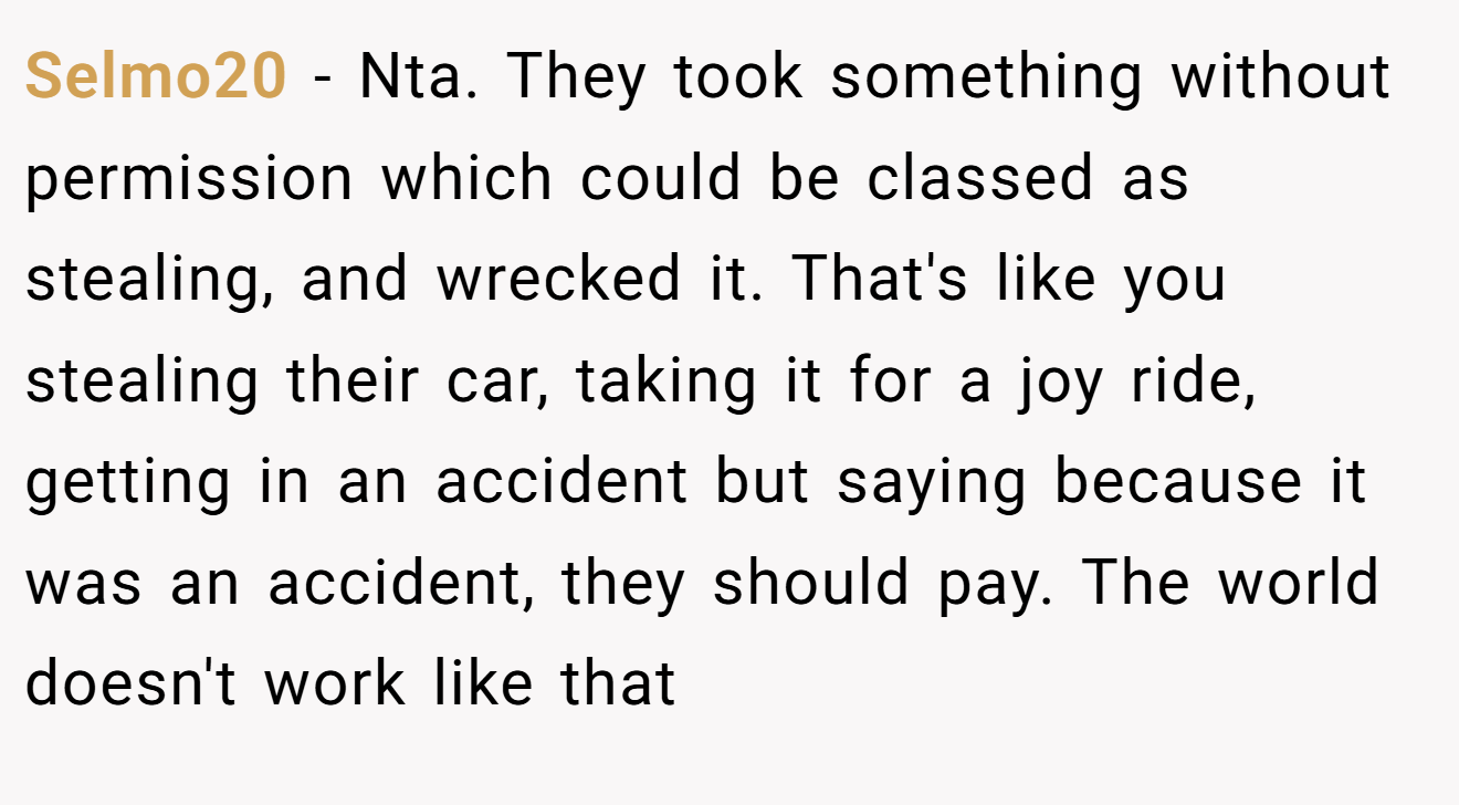 Selmo20 - Nta. They took something without permission which could be classed as stealing, and wrecked it. That's like you stealing their car, taking it for a joy ride, getting in an accident but saying because it was an accident, they should pay. The world doesn't work like that