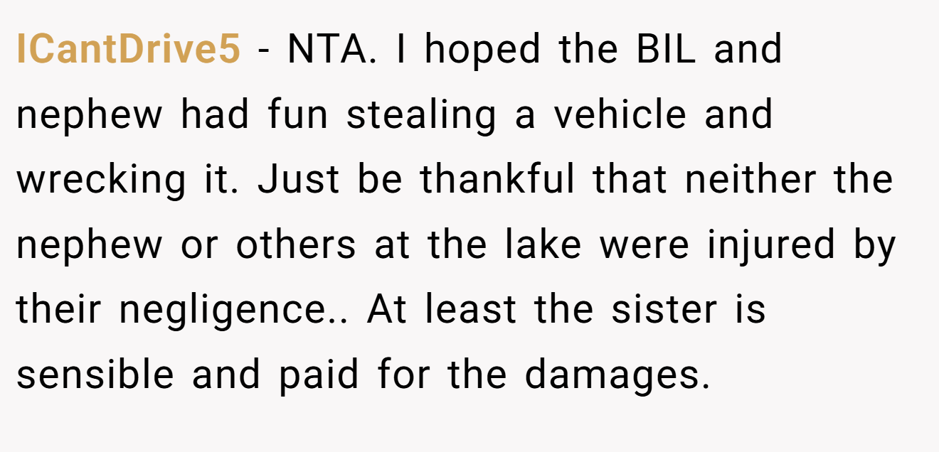 ICantDrive5 - NTA. I hoped the BIL and nephew had fun stealing a vehicle and wrecking it. Just be thankful that neither the nephew or others at the lake were injured by their negligence.. At least the sister is sensible and paid for the damages.