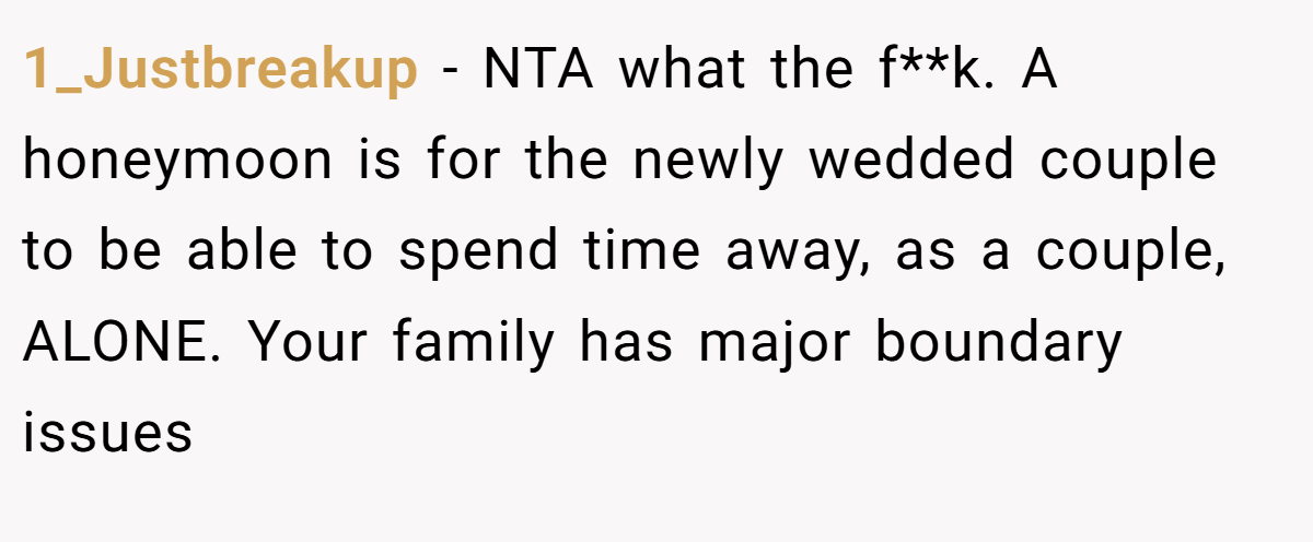 1_Justbreakup − NTA what the f**k. A honeymoon is for the newly wedded couple to be able to spend time away, as a couple, ALONE. Your family has major boundary issues